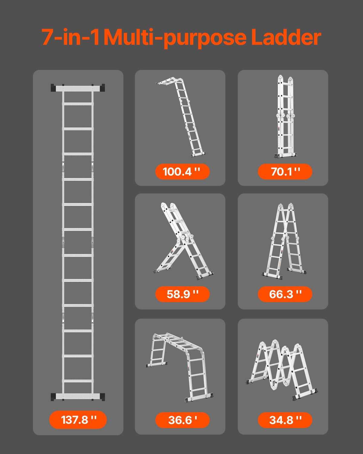 VEVOR Multi-Purpose Folding Ladder, 7-in-1 Tall Step Ladder, A Frame 3 Step Adjustable Telescoping Ladder, 12ft Reach Height Heavy Duty Extension Ladder, 330 lbs Capacity for Household Outdoor Work - DGNZDTLHJ3JJE88GCV0 - view 3