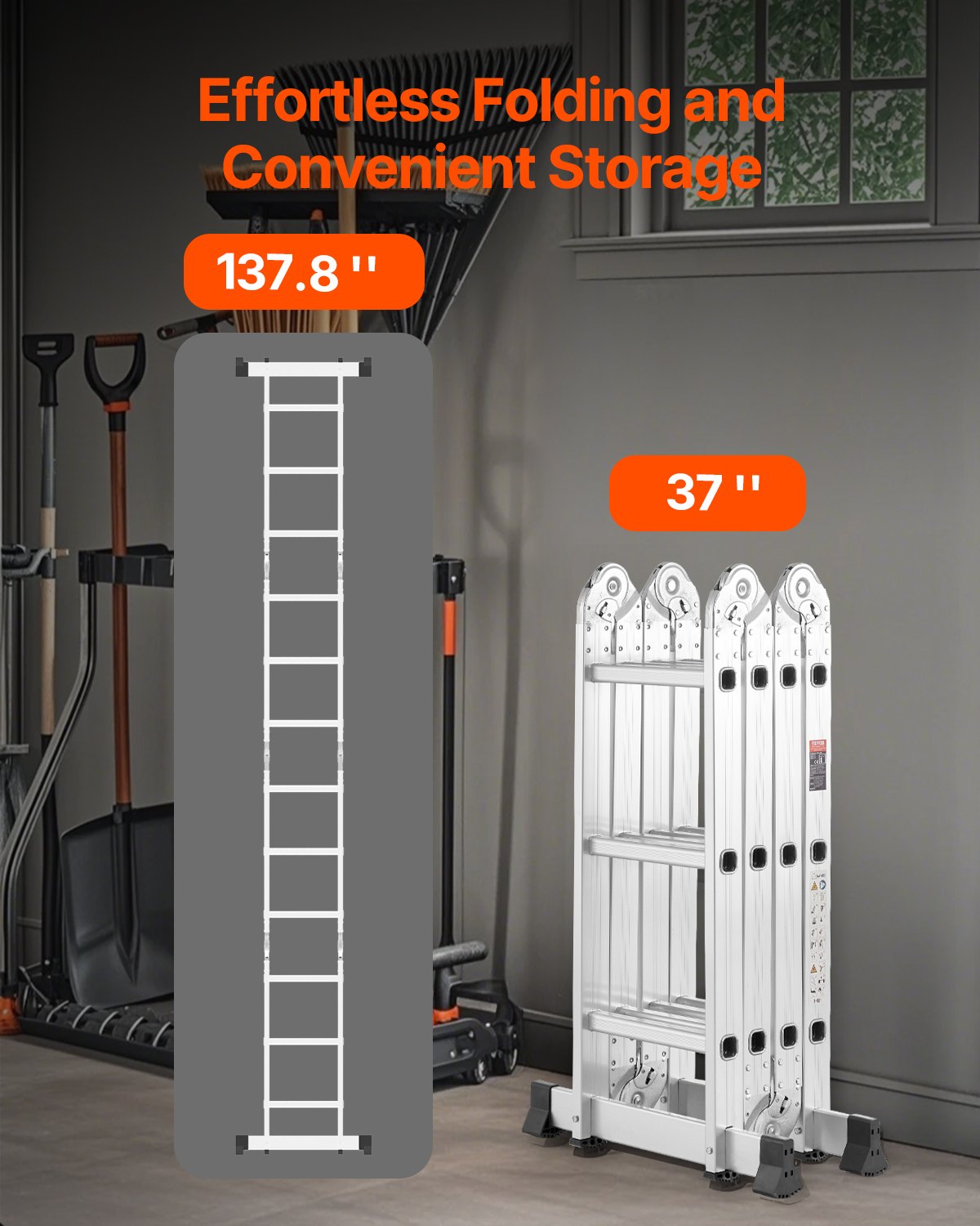 VEVOR Multi-Purpose Folding Ladder, 7-in-1 Tall Step Ladder, A Frame 3 Step Adjustable Telescoping Ladder, 12ft Reach Height Heavy Duty Extension Ladder, 330 lbs Capacity for Household Outdoor Work - DGNZDTLHJ3JJE88GCV0 - view 6