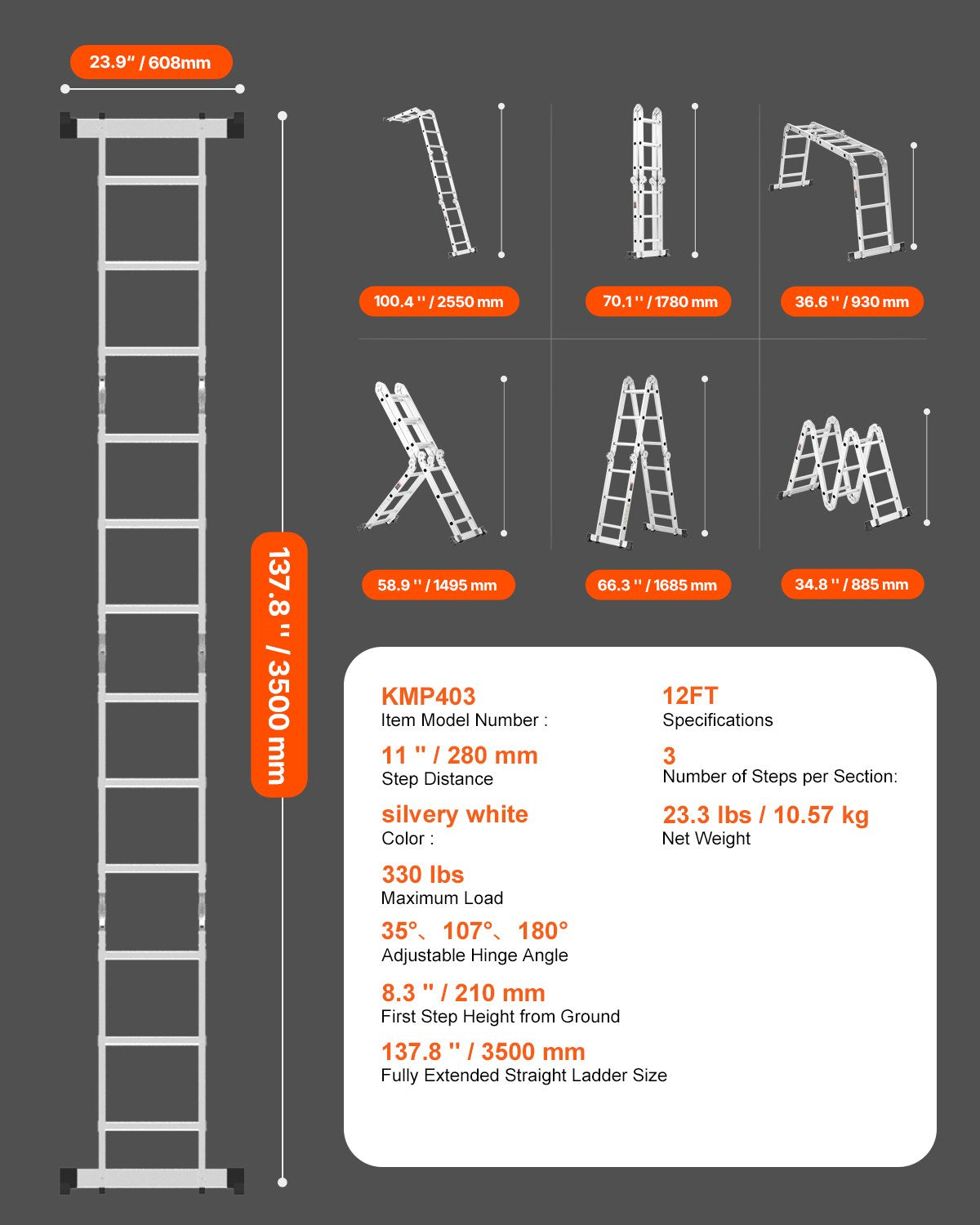 VEVOR Multi-Purpose Folding Ladder, 7-in-1 Tall Step Ladder, A Frame 3 Step Adjustable Telescoping Ladder, 12ft Reach Height Heavy Duty Extension Ladder, 330 lbs Capacity for Household Outdoor Work - DGNZDTLHJ3JJE88GCV0 - view 8