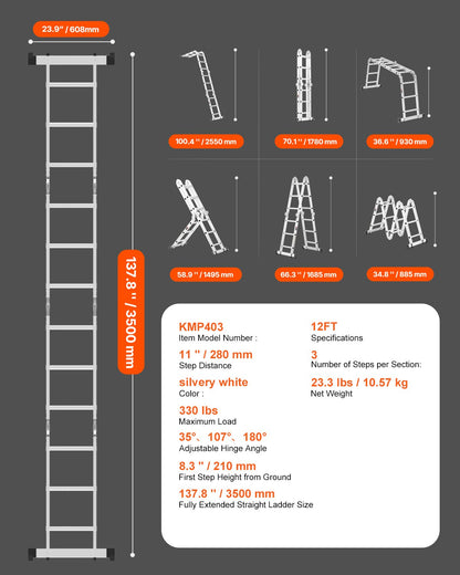 VEVOR Multi-Purpose Folding Ladder, 7-in-1 Tall Step Ladder, A Frame 3 Step Adjustable Telescoping Ladder, 12ft Reach Height Heavy Duty Extension Ladder, 330 lbs Capacity for Household Outdoor Work - DGNZDTLHJ3JJE88GCV0 - view 8