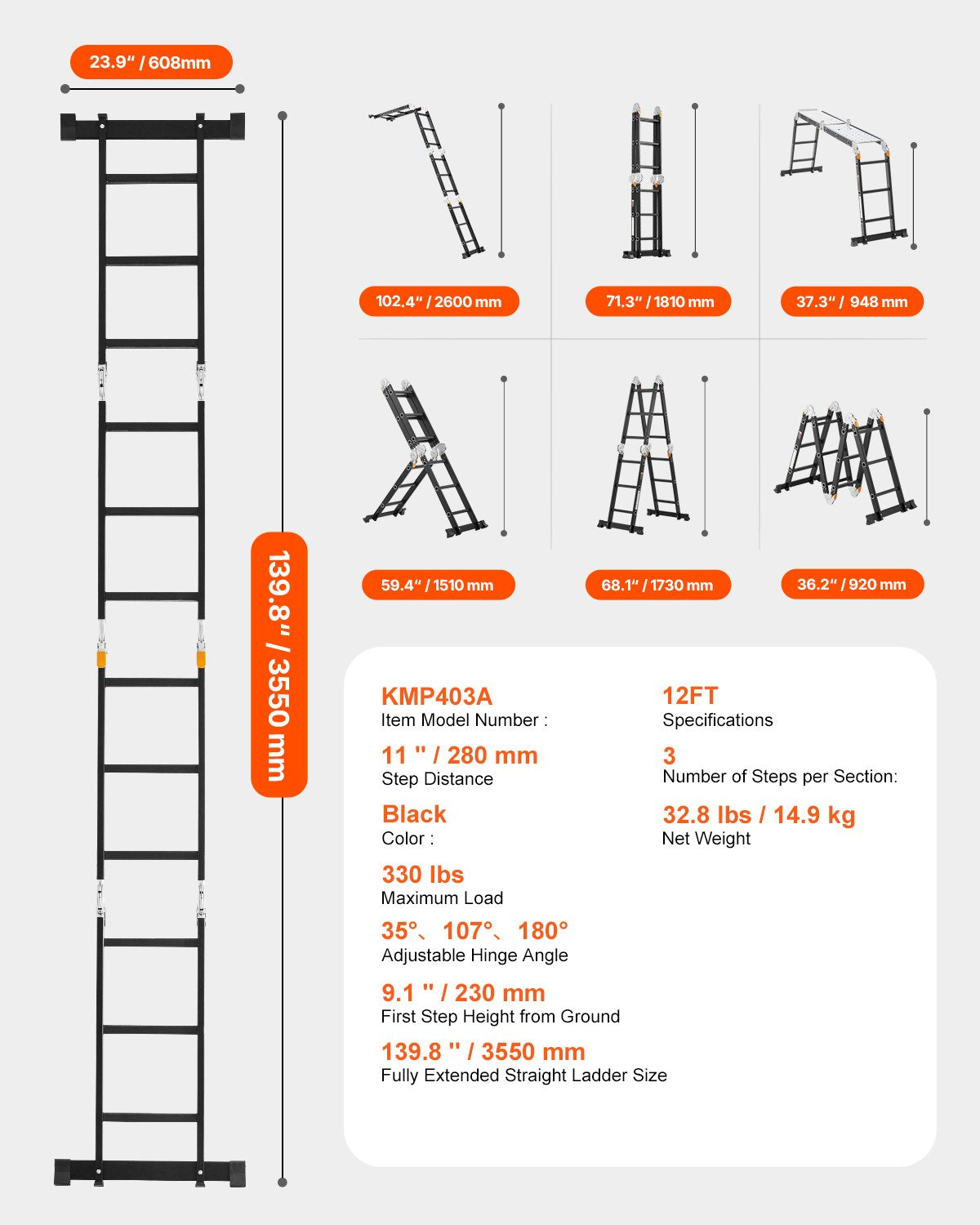 VEVOR Multi-Purpose Folding Ladder, 7-in-1 Tall Extension Step Ladder, A Frame 3 Step with Scaffolding Plank Telescoping Ladder, 12ft Reach Height Heavy Duty Ladder, 330 lbs Capacity for Home Outdoor - DGNZDTLHJ3JPBIFH9V0 - view 8
