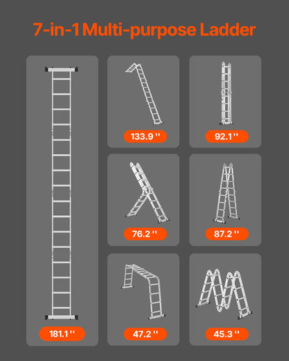 VEVOR Multi-Purpose Folding Ladder, 7-in-1 Tall Extension Step Ladder, A Frame 4 Step Telescoping Ladder, 15.5ft Reach Height Heavy Duty Adjustable Ladder, 330 lbs Capacity for Home Outdoor - DGNZDTLHJ4JJEJ4Q4V0 - view 3
