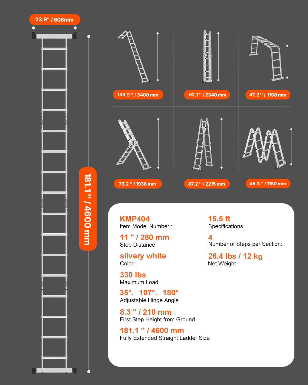 VEVOR Multi-Purpose Folding Ladder, 7-in-1 Tall Extension Step Ladder, A Frame 4 Step Telescoping Ladder, 15.5ft Reach Height Heavy Duty Adjustable Ladder, 330 lbs Capacity for Home Outdoor - DGNZDTLHJ4JJEJ4Q4V0 - view 8