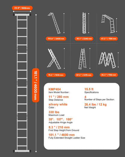 VEVOR Multi-Purpose Folding Ladder, 7-in-1 Tall Extension Step Ladder, A Frame 4 Step Telescoping Ladder, 15.5ft Reach Height Heavy Duty Adjustable Ladder, 330 lbs Capacity for Home Outdoor - DGNZDTLHJ4JJEJ4Q4V0 - view 8