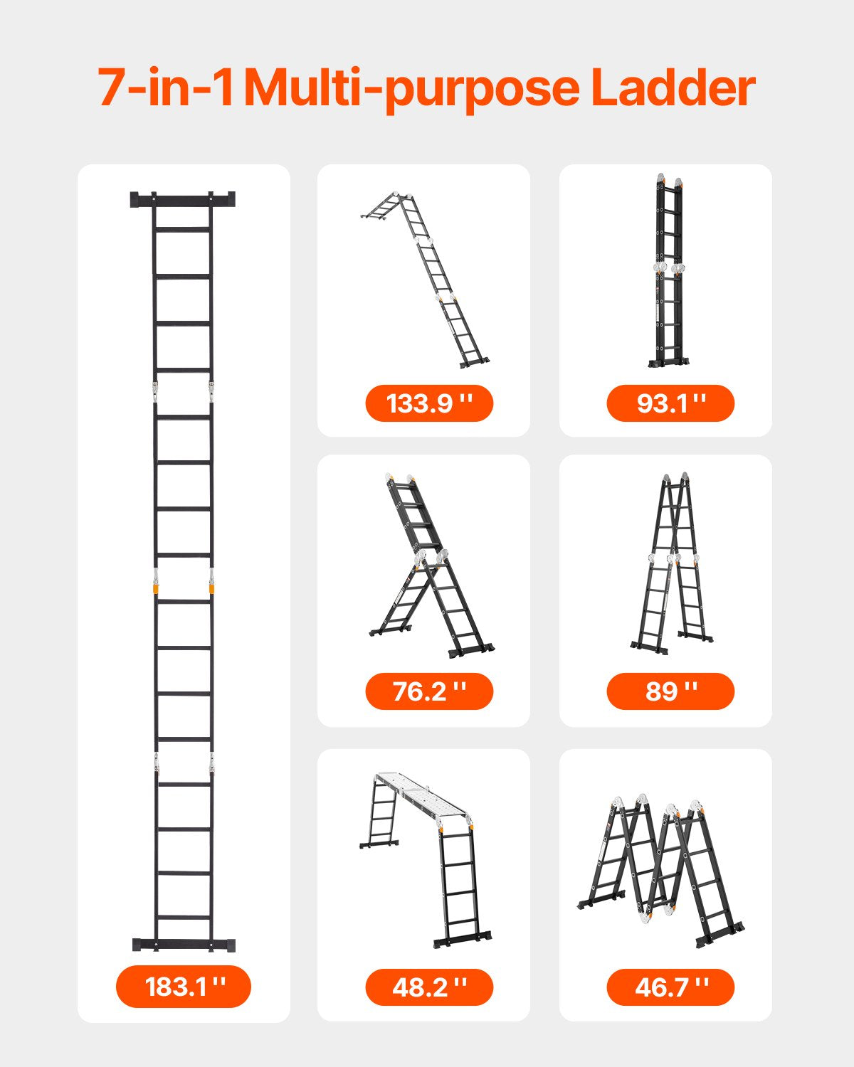 VEVOR Multi-Purpose Folding Ladder, 7-in-1 Tall Extension Step Ladder, A Frame 4 Step with Scaffolding Plank Telescoping Ladder, 15.5ft Reach Height Heavy Duty , 330 lbs Capacity for Home Outdoor - DGNZDTLHJ4JPVKGVPV0 - view 3