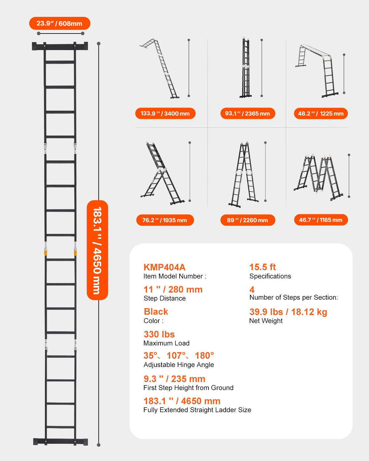 VEVOR Multi-Purpose Folding Ladder, 7-in-1 Tall Extension Step Ladder, A Frame 4 Step with Scaffolding Plank Telescoping Ladder, 15.5ft Reach Height Heavy Duty , 330 lbs Capacity for Home Outdoor - DGNZDTLHJ4JPVKGVPV0 - view 8