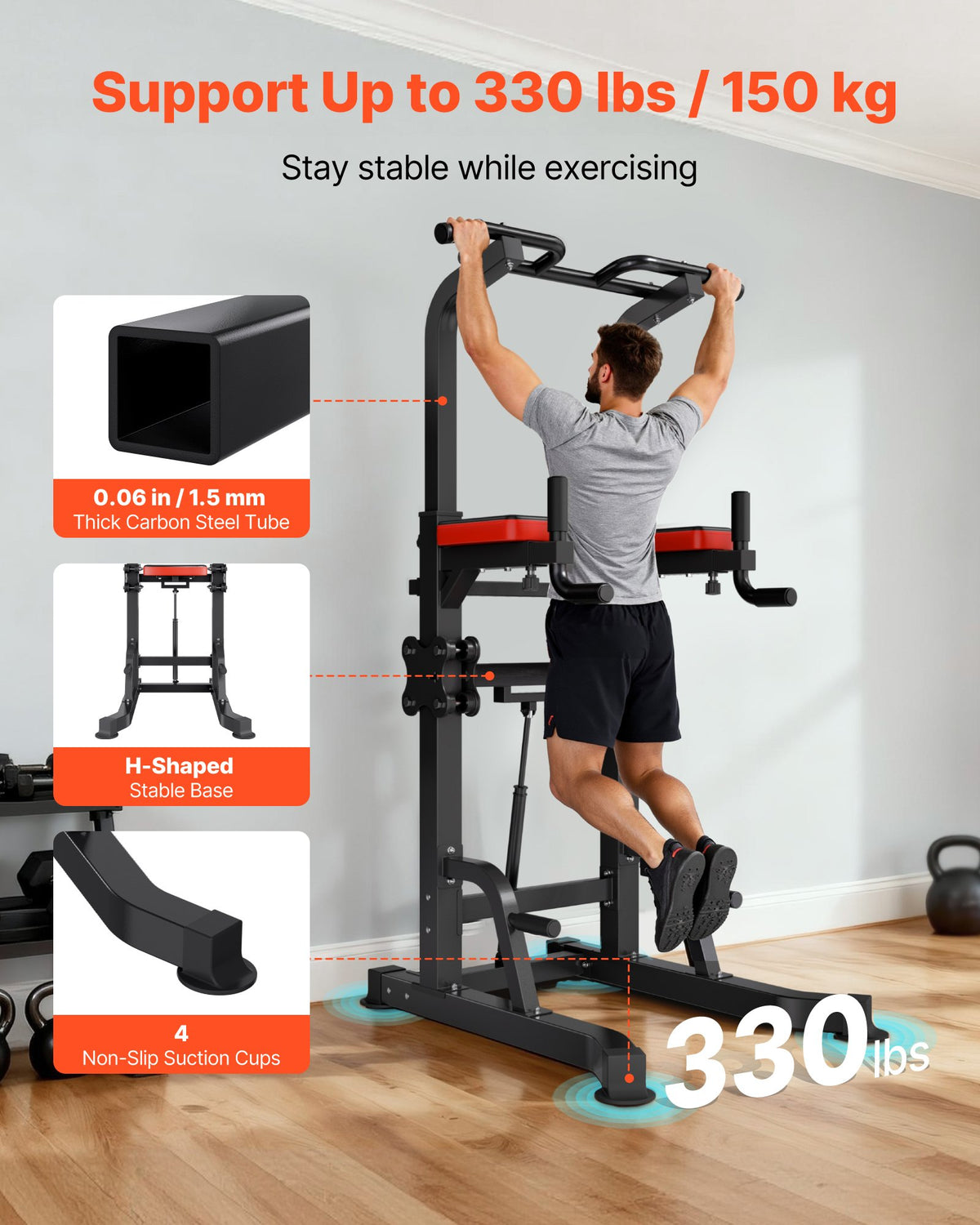 VEVOR Pull Up Bar, 330 LBS Power Tower Dip Station, Workout Dip Station with H-Shaped Stable Base & Assistance Platform, Adjustable 9 Level Height Pullup Stand for Back, 3-Level Adjustable Elbow Pads - DGNZHXYTXSJPAE472001V0 - view 4