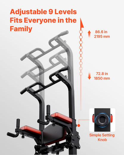 VEVOR Pull Up Bar, 330 LBS Power Tower Dip Station, Workout Dip Station with H-Shaped Stable Base & Assistance Platform, Adjustable 9 Level Height Pullup Stand for Back, 3-Level Adjustable Elbow Pads - DGNZHXYTXSJPAE472001V0 - view 5