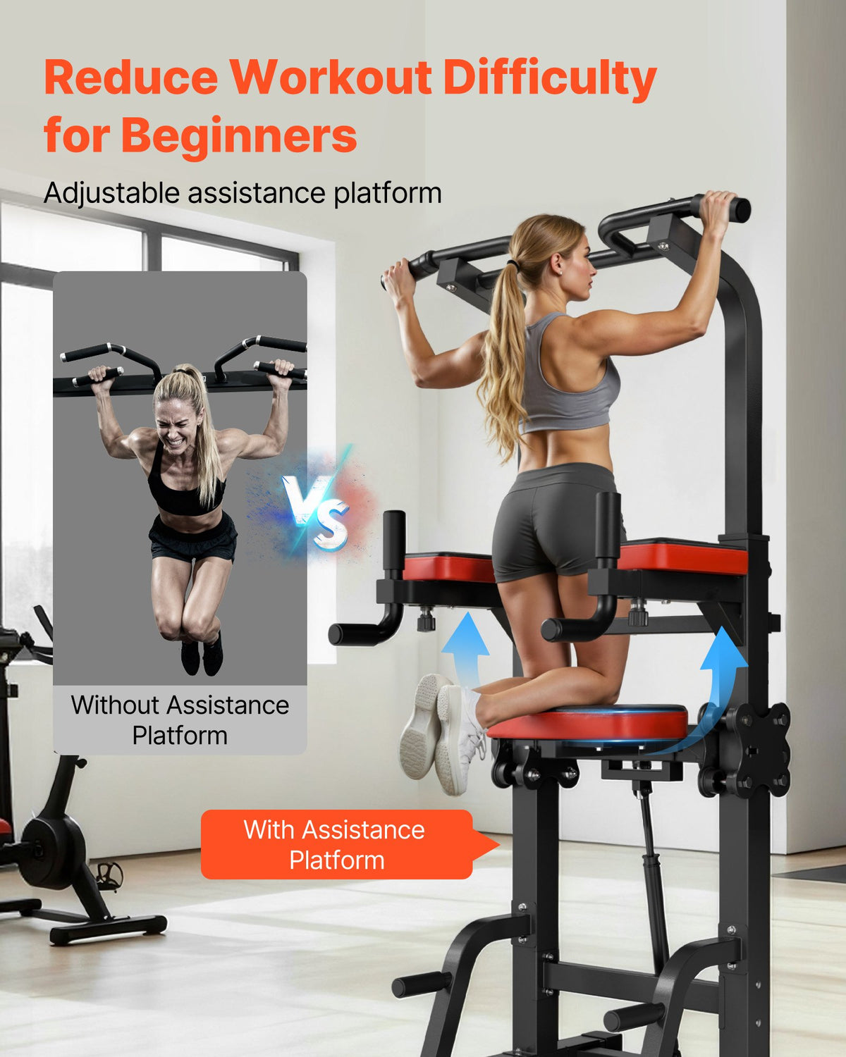 VEVOR Pull Up Bar, 330 LBS Power Tower Dip Station, Workout Dip Station with H-Shaped Stable Base & Assistance Platform, Adjustable 9 Level Height Pullup Stand for Back, 3-Level Adjustable Elbow Pads - DGNZHXYTXSJPAE472001V0 - view 6