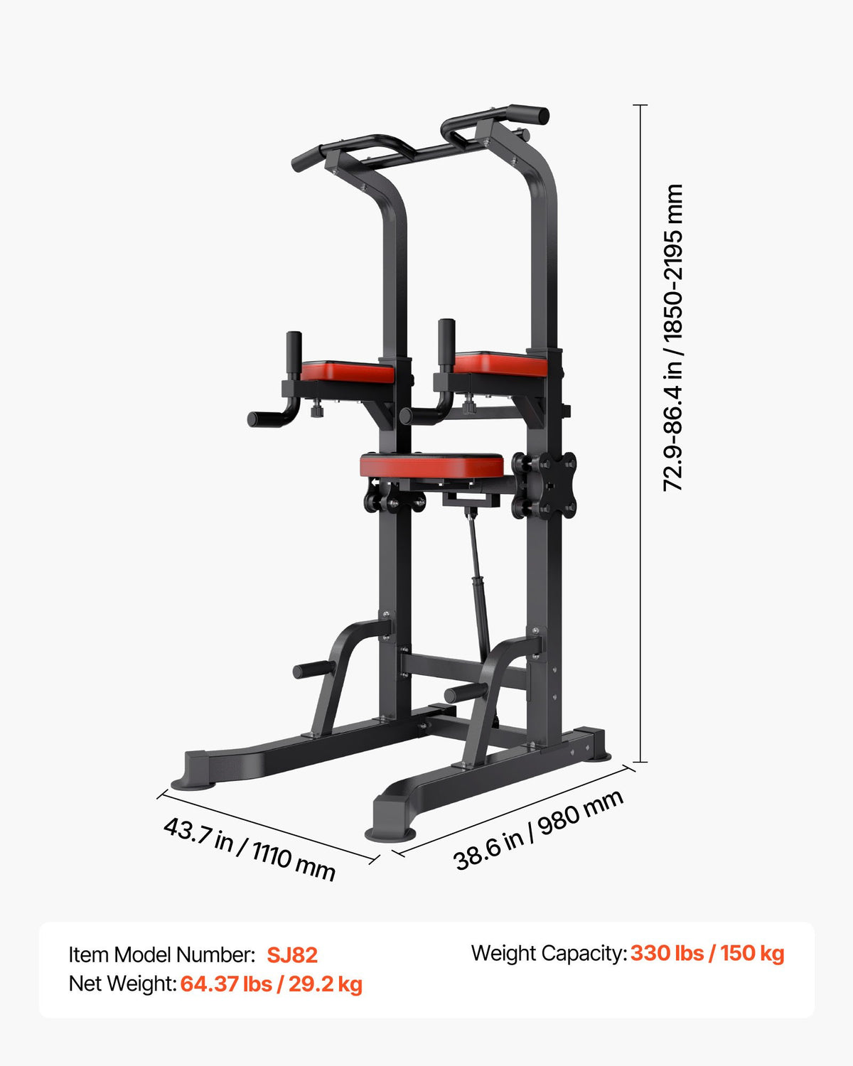 VEVOR Pull Up Bar, 330 LBS Power Tower Dip Station, Workout Dip Station with H-Shaped Stable Base & Assistance Platform, Adjustable 9 Level Height Pullup Stand for Back, 3-Level Adjustable Elbow Pads - DGNZHXYTXSJPAE472001V0 - view 8