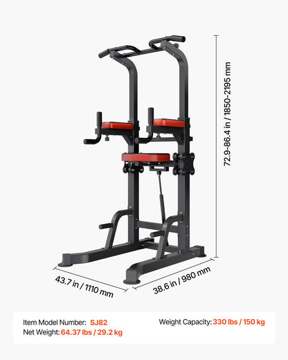 VEVOR Pull Up Bar, 330 LBS Power Tower Dip Station, Workout Dip Station with H-Shaped Stable Base & Assistance Platform, Adjustable 9 Level Height Pullup Stand for Back, 3-Level Adjustable Elbow Pads - DGNZHXYTXSJPAE472001V0 - view 8