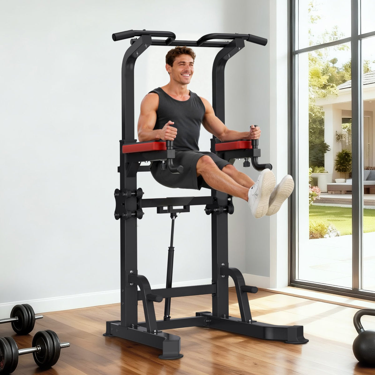 VEVOR Pull Up Bar, 330 LBS Power Tower Dip Station, Workout Dip Station with H-Shaped Stable Base & Assistance Platform, Adjustable 9 Level Height Pullup Stand for Back, 3-Level Adjustable Elbow Pads - DGNZHXYTXSJPAE472001V0 - view 9