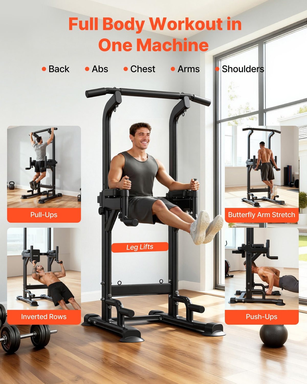 VEVOR Pull Up Bar, 330 LBS Power Tower Dip Station, Workout Dip Station with H-Shaped Stable Base & Back Pad, Adjustable 12 Level Height Free Standing Chin Up Bar for Back, 4-Level Adjustable Back Pad - DGNZHXYTXSJPLNKDH001V0 - view 3