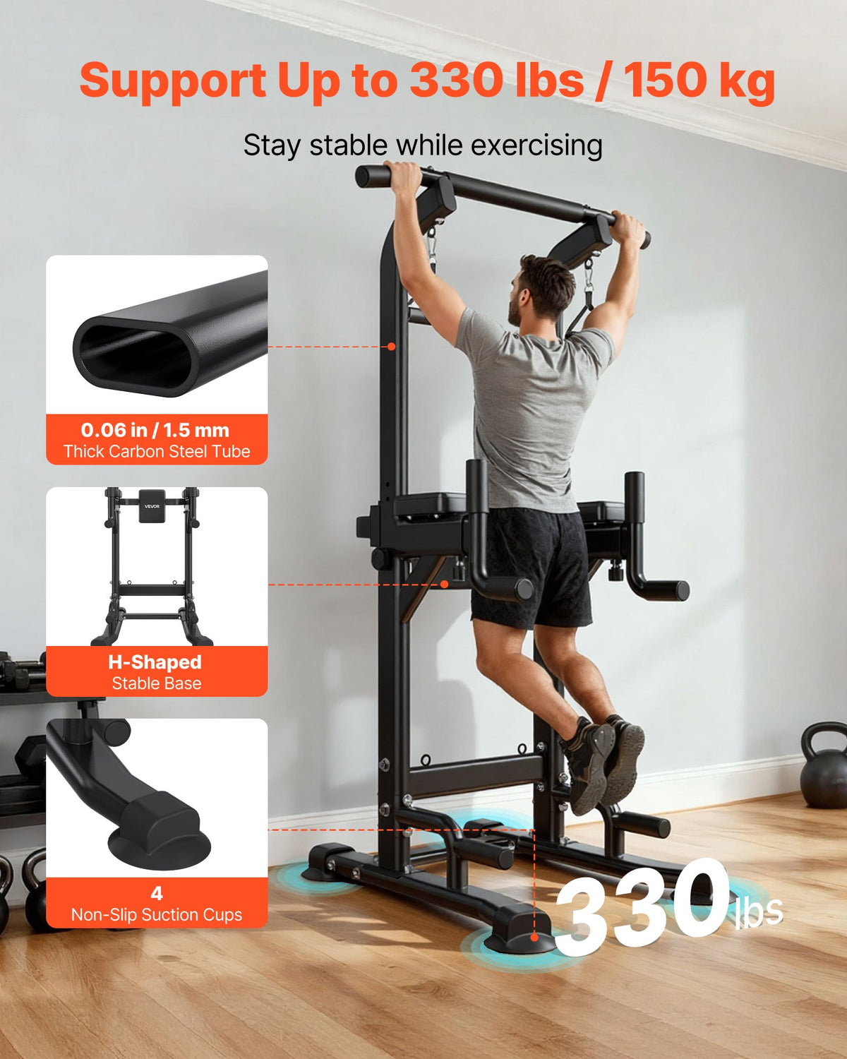 VEVOR Pull Up Bar, 330 LBS Power Tower Dip Station, Workout Dip Station with H-Shaped Stable Base & Back Pad, Adjustable 12 Level Height Free Standing Chin Up Bar for Back, 4-Level Adjustable Back Pad - DGNZHXYTXSJPLNKDH001V0 - view 4