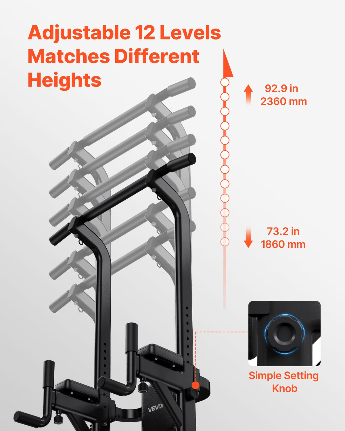 VEVOR Pull Up Bar, 330 LBS Power Tower Dip Station, Workout Dip Station with H-Shaped Stable Base & Back Pad, Adjustable 12 Level Height Free Standing Chin Up Bar for Back, 4-Level Adjustable Back Pad - DGNZHXYTXSJPLNKDH001V0 - view 5