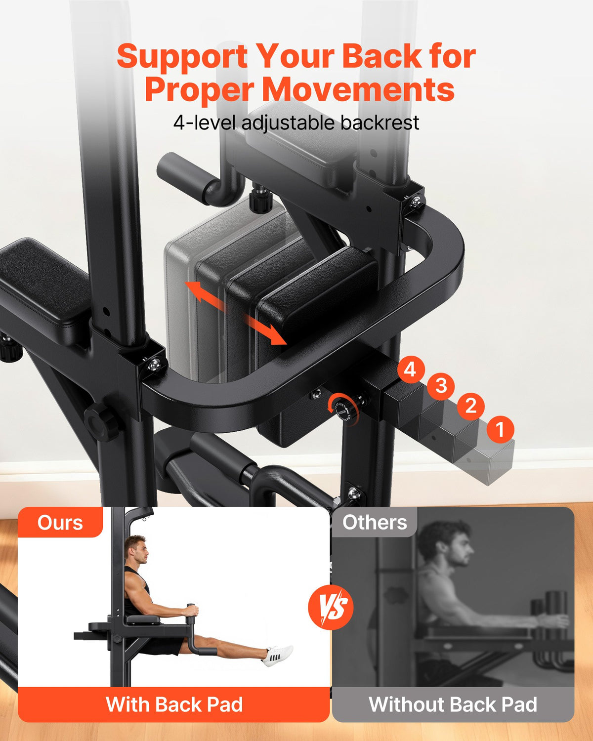 VEVOR Pull Up Bar, 330 LBS Power Tower Dip Station, Workout Dip Station with H-Shaped Stable Base & Back Pad, Adjustable 12 Level Height Free Standing Chin Up Bar for Back, 4-Level Adjustable Back Pad - DGNZHXYTXSJPLNKDH001V0 - view 6