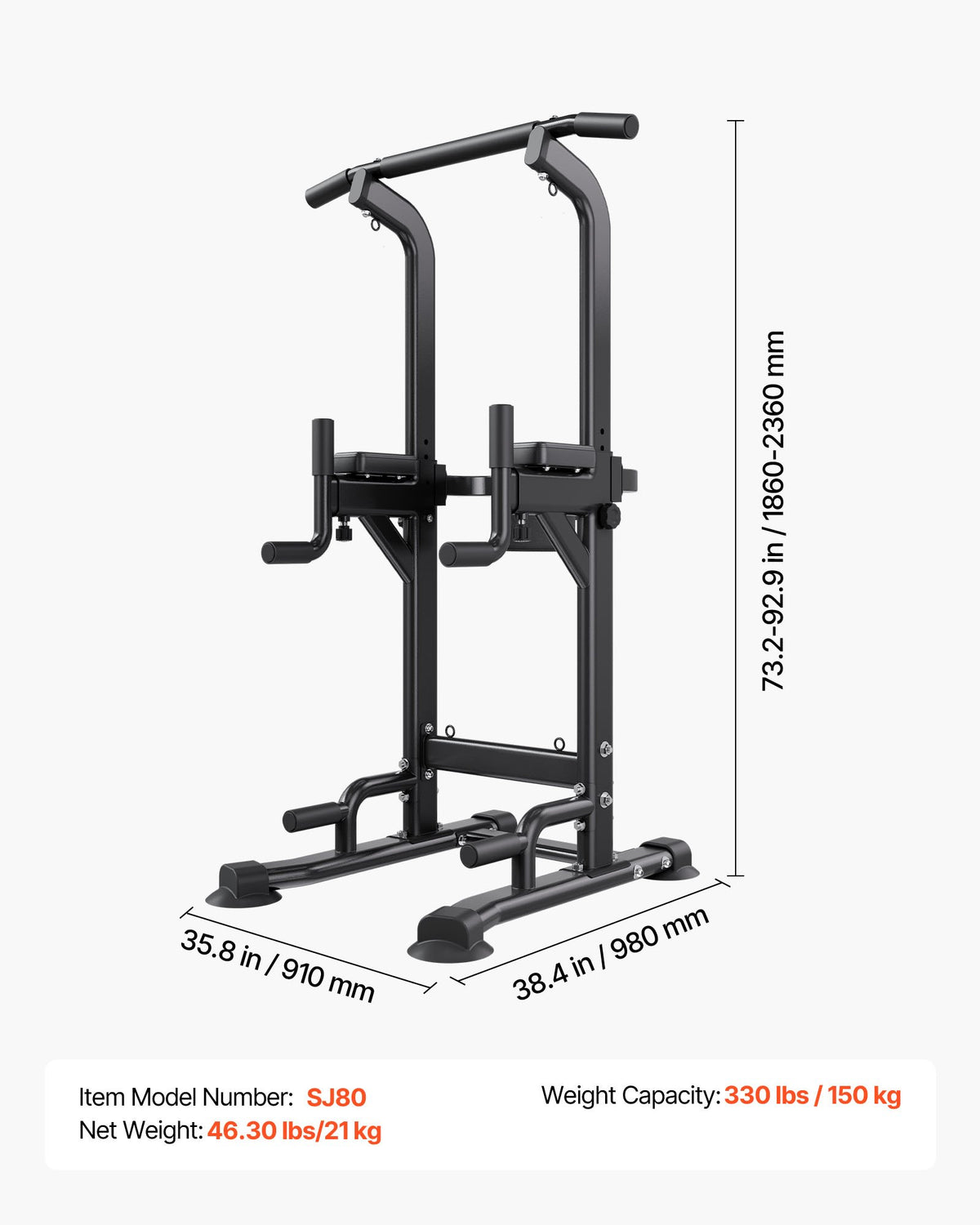 VEVOR Pull Up Bar, 330 LBS Power Tower Dip Station, Workout Dip Station with H-Shaped Stable Base & Back Pad, Adjustable 12 Level Height Free Standing Chin Up Bar for Back, 4-Level Adjustable Back Pad - DGNZHXYTXSJPLNKDH001V0 - view 8