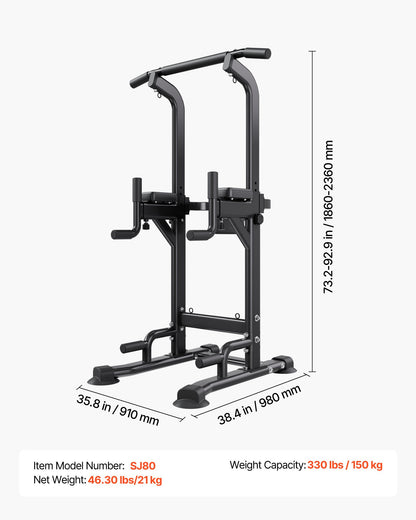 VEVOR Pull Up Bar, 330 LBS Power Tower Dip Station, Workout Dip Station with H-Shaped Stable Base & Back Pad, Adjustable 12 Level Height Free Standing Chin Up Bar for Back, 4-Level Adjustable Back Pad - DGNZHXYTXSJPLNKDH001V0 - view 8