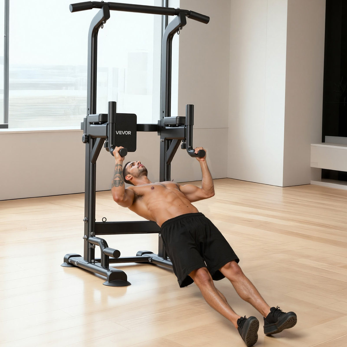 VEVOR Pull Up Bar, 330 LBS Power Tower Dip Station, Workout Dip Station with H-Shaped Stable Base & Back Pad, Adjustable 12 Level Height Free Standing Chin Up Bar for Back, 4-Level Adjustable Back Pad - DGNZHXYTXSJPLNKDH001V0 - view 9