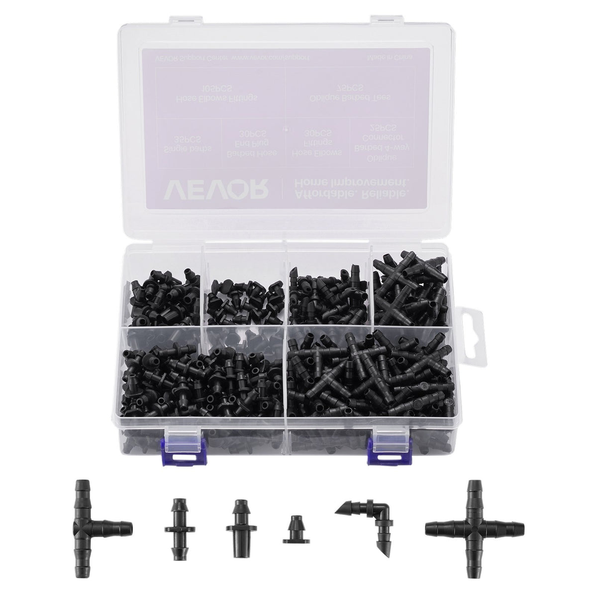 VEVOR  Drip Irrigation Fittings Kit for 1/4" Tubing, 300 Pcs Drip Irrigation System Parts, Tees, Straight Barb, 4 Way Coupling, Elbows, End Plug, Single Barbs, Barbed Connectors for Yard Garden Lawn - DGPJ6MMRGZJT6YSBO001V0 - view 1