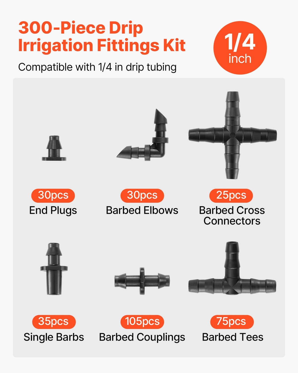 VEVOR  Drip Irrigation Fittings Kit for 1/4" Tubing, 300 Pcs Drip Irrigation System Parts, Tees, Straight Barb, 4 Way Coupling, Elbows, End Plug, Single Barbs, Barbed Connectors for Yard Garden Lawn - DGPJ6MMRGZJT6YSBO001V0 - view 3