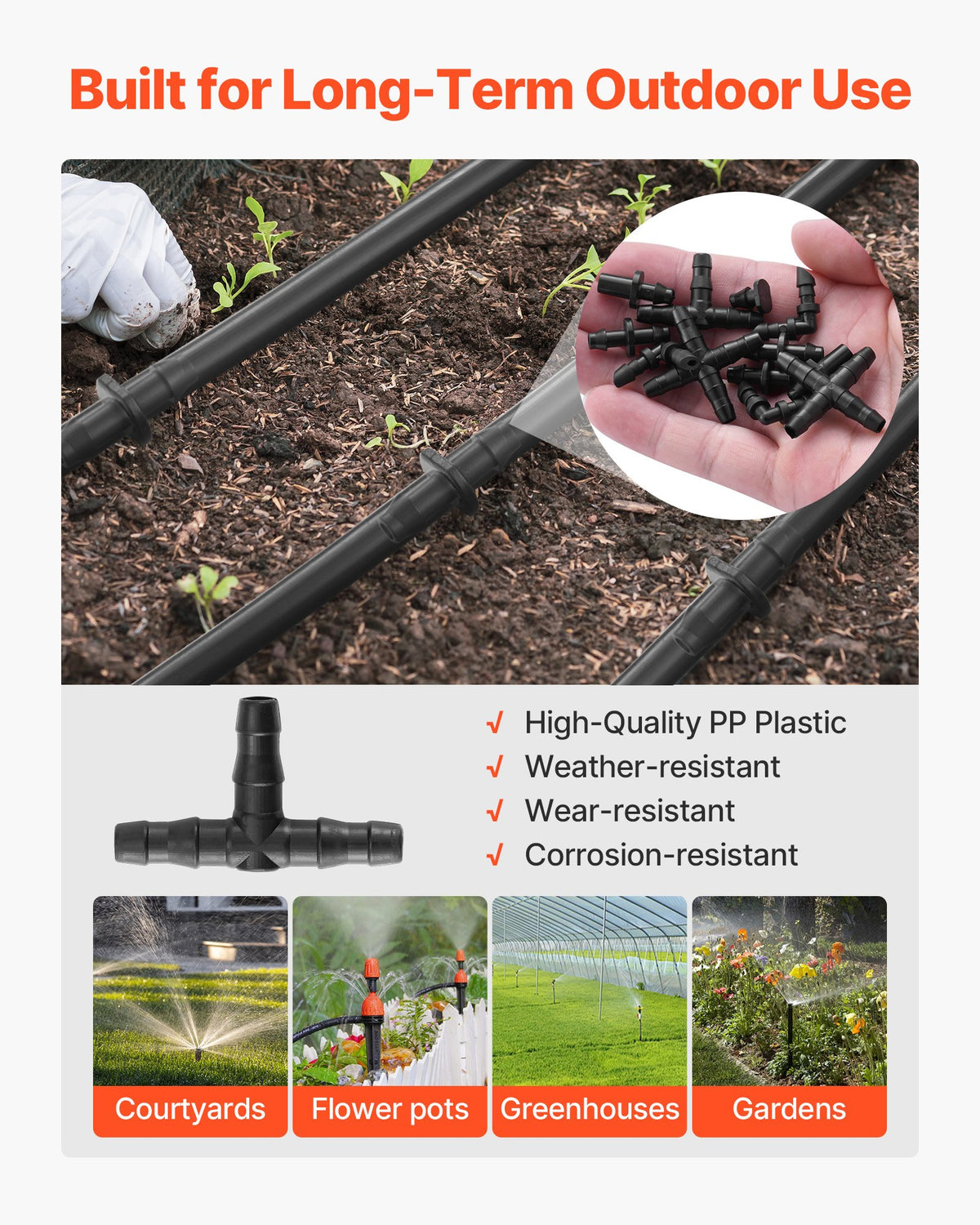 VEVOR  Drip Irrigation Fittings Kit for 1/4" Tubing, 300 Pcs Drip Irrigation System Parts, Tees, Straight Barb, 4 Way Coupling, Elbows, End Plug, Single Barbs, Barbed Connectors for Yard Garden Lawn - DGPJ6MMRGZJT6YSBO001V0 - view 6