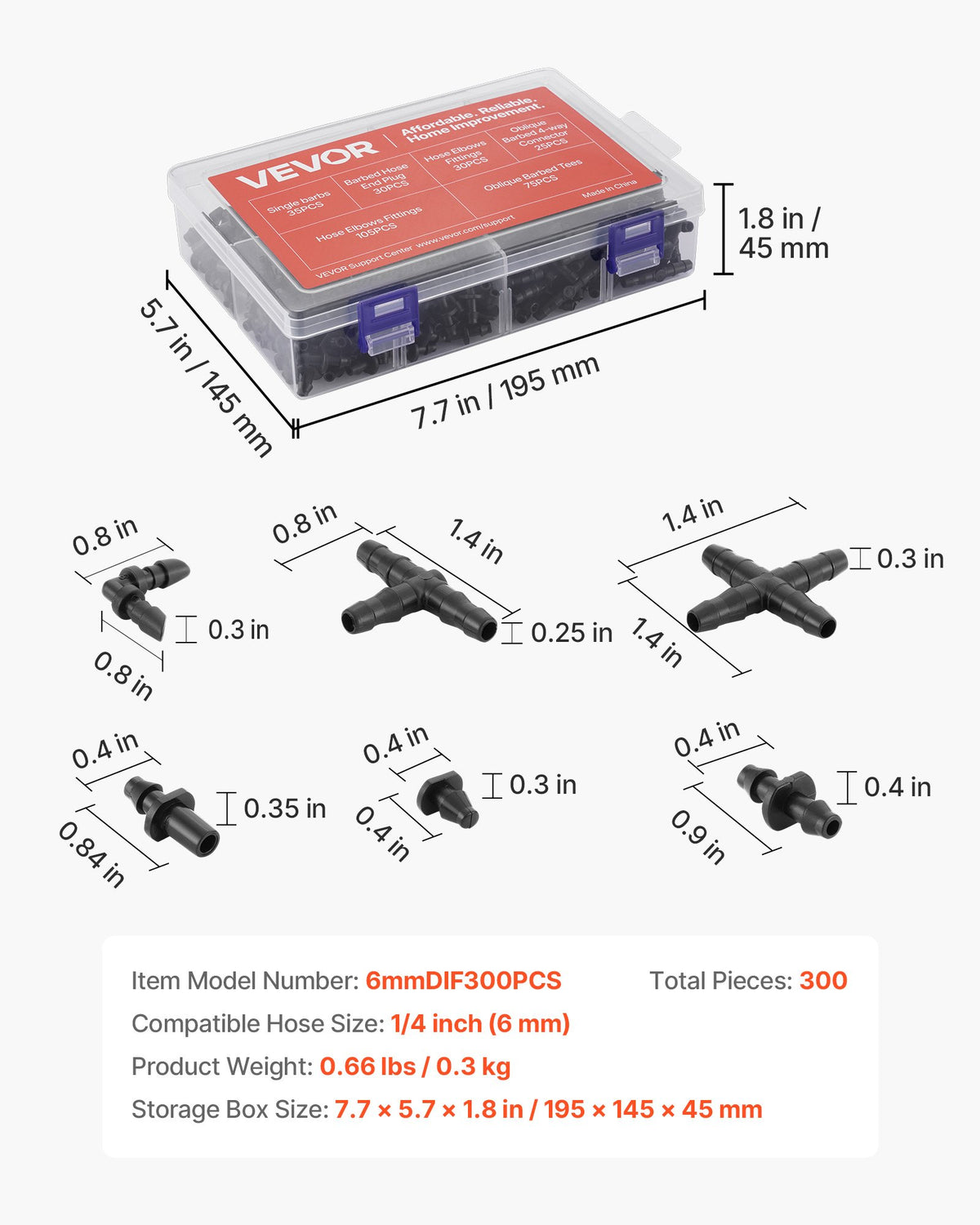 VEVOR  Drip Irrigation Fittings Kit for 1/4" Tubing, 300 Pcs Drip Irrigation System Parts, Tees, Straight Barb, 4 Way Coupling, Elbows, End Plug, Single Barbs, Barbed Connectors for Yard Garden Lawn - DGPJ6MMRGZJT6YSBO001V0 - view 8