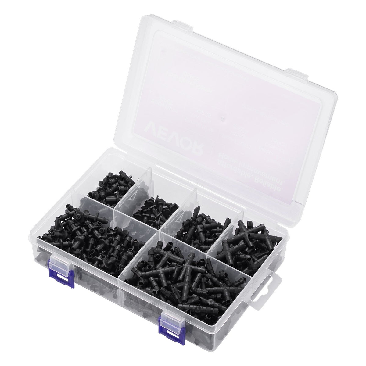 VEVOR  Drip Irrigation Fittings Kit for 1/4" Tubing, 300 Pcs Drip Irrigation System Parts, Tees, Straight Barb, 4 Way Coupling, Elbows, End Plug, Single Barbs, Barbed Connectors for Yard Garden Lawn - DGPJ6MMRGZJT6YSBO001V0 - view 10