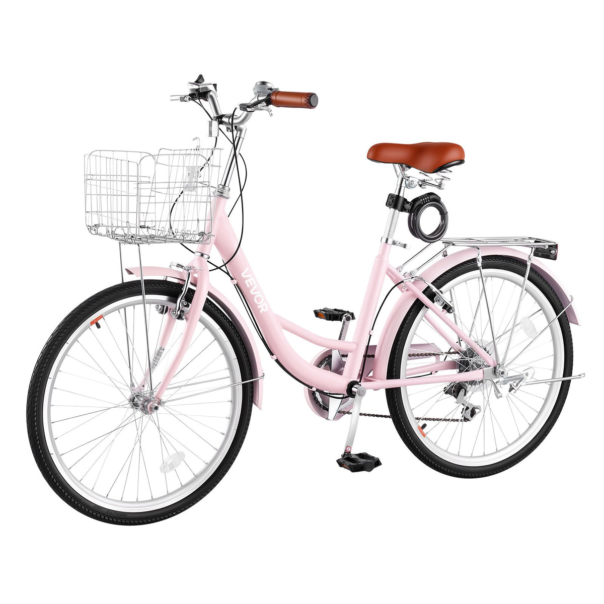 VEVOR Women Bike, 24 in Beach Cruiser Bike, 7-Speed Adult City Bicycle with Carbon Steel Frame, 330 lbs Capacity, Basket, Rear Rack & Dual V-Brakes, Pink - DGXYJZXCG24IXCW6I001V0 - view 1