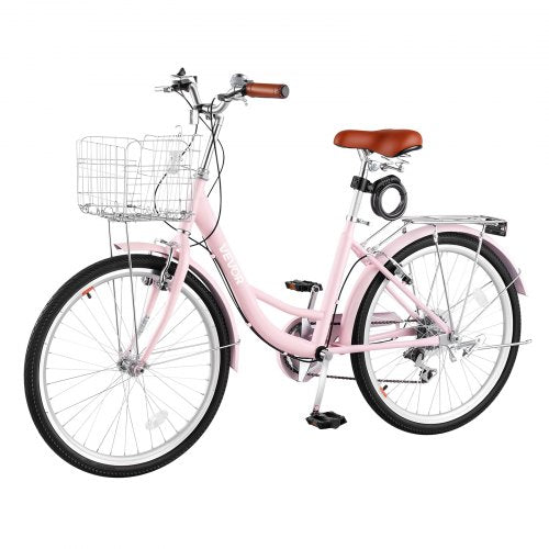 VEVOR Women Bike, 24 in Beach Cruiser Bike, 7-Speed Adult City Bicycle with Carbon Steel Frame, 330 lbs Capacity, Basket, Rear Rack & Dual V-Brakes, Pink - DGXYJZXCG24IXCW6I001V0 - view 2
