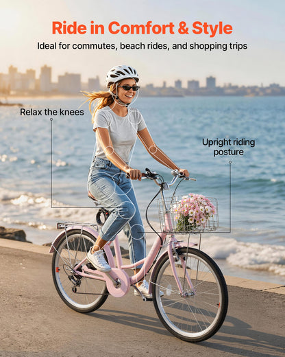 VEVOR Women Bike, 24 in Beach Cruiser Bike, 7-Speed Adult City Bicycle with Carbon Steel Frame, 330 lbs Capacity, Basket, Rear Rack & Dual V-Brakes, Pink - DGXYJZXCG24IXCW6I001V0 - view 3