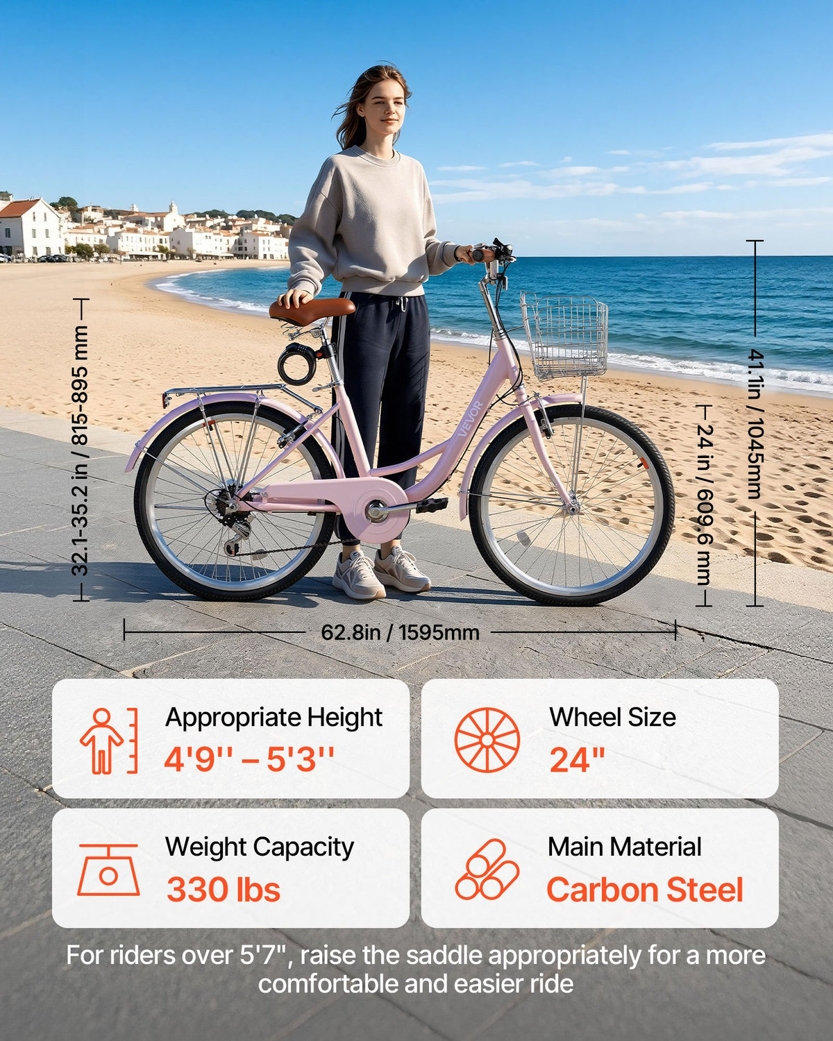 VEVOR Women Bike, 24 in Beach Cruiser Bike, 7-Speed Adult City Bicycle with Carbon Steel Frame, 330 lbs Capacity, Basket, Rear Rack & Dual V-Brakes, Pink - DGXYJZXCG24IXCW6I001V0 - view 4