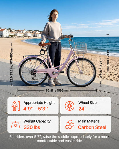 VEVOR Women Bike, 24 in Beach Cruiser Bike, 7-Speed Adult City Bicycle with Carbon Steel Frame, 330 lbs Capacity, Basket, Rear Rack & Dual V-Brakes, Pink - DGXYJZXCG24IXCW6I001V0 - view 4