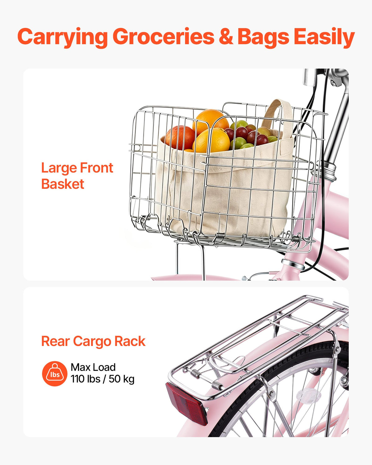VEVOR Women Bike, 24 in Beach Cruiser Bike, 7-Speed Adult City Bicycle with Carbon Steel Frame, 330 lbs Capacity, Basket, Rear Rack & Dual V-Brakes, Pink - DGXYJZXCG24IXCW6I001V0 - view 6