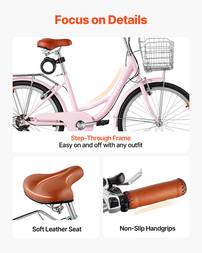 VEVOR Women Bike, 24 in Beach Cruiser Bike, 7-Speed Adult City Bicycle with Carbon Steel Frame, 330 lbs Capacity, Basket, Rear Rack & Dual V-Brakes, Pink - DGXYJZXCG24IXCW6I001V0 - view 7