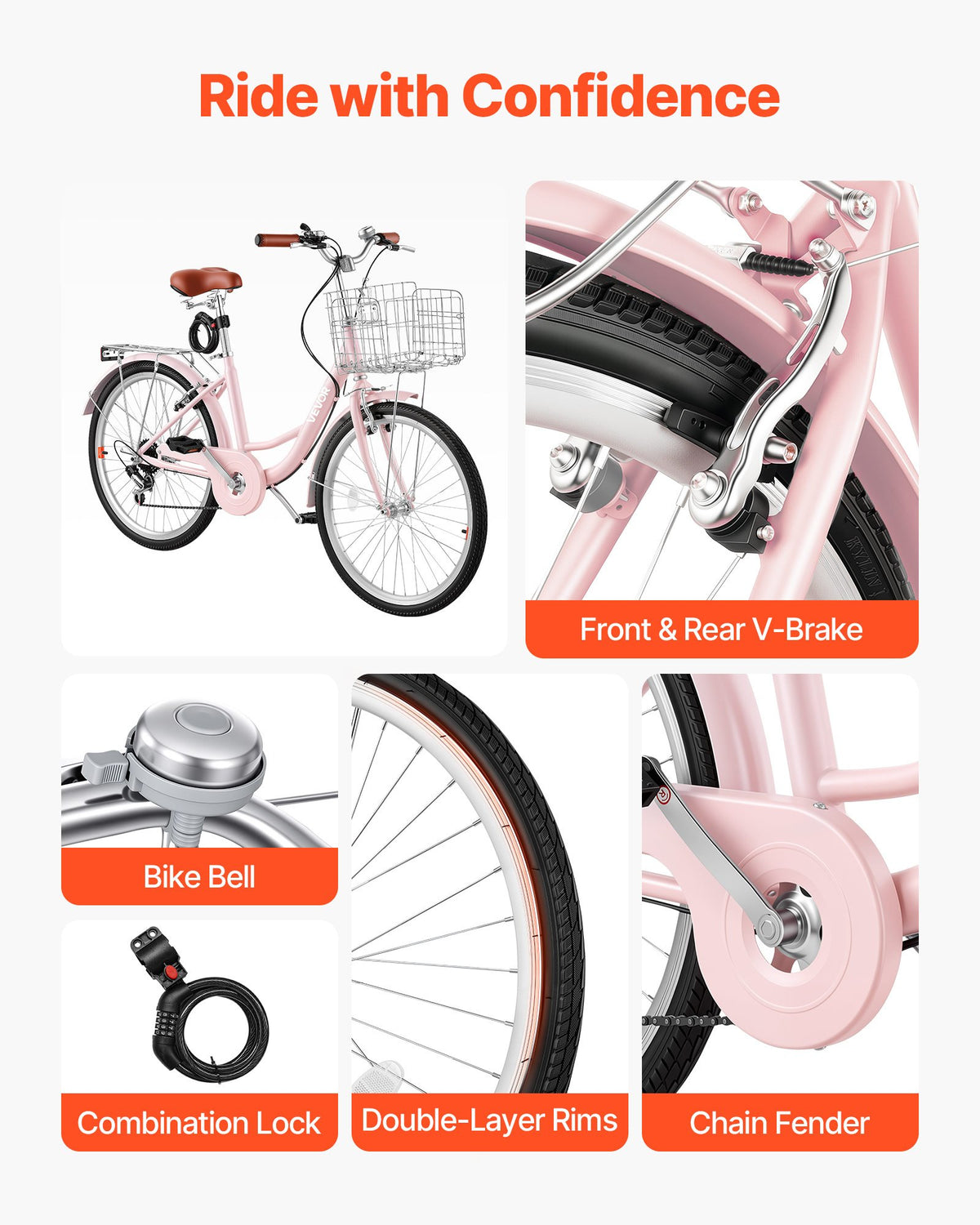 VEVOR Women Bike, 24 in Beach Cruiser Bike, 7-Speed Adult City Bicycle with Carbon Steel Frame, 330 lbs Capacity, Basket, Rear Rack & Dual V-Brakes, Pink - DGXYJZXCG24IXCW6I001V0 - view 8