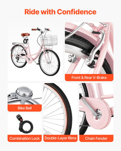 VEVOR Women Bike, 24 in Beach Cruiser Bike, 7-Speed Adult City Bicycle with Carbon Steel Frame, 330 lbs Capacity, Basket, Rear Rack & Dual V-Brakes, Pink - DGXYJZXCG24IXCW6I001V0 - view 8