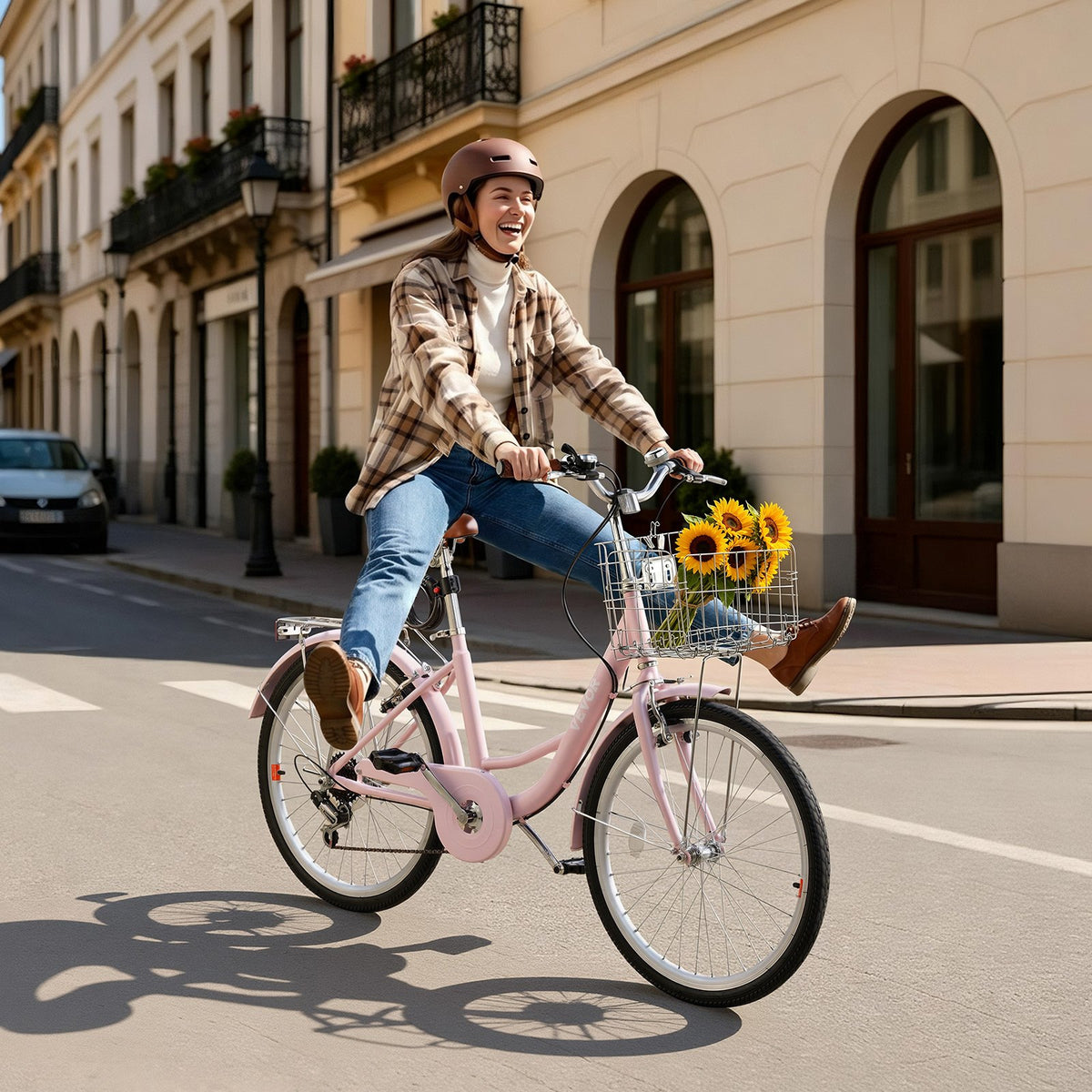 VEVOR Women Bike, 24 in Beach Cruiser Bike, 7-Speed Adult City Bicycle with Carbon Steel Frame, 330 lbs Capacity, Basket, Rear Rack & Dual V-Brakes, Pink - DGXYJZXCG24IXCW6I001V0 - view 9