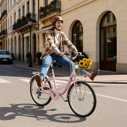 VEVOR Women Bike, 24 in Beach Cruiser Bike, 7-Speed Adult City Bicycle with Carbon Steel Frame, 330 lbs Capacity, Basket, Rear Rack & Dual V-Brakes, Pink - DGXYJZXCG24IXCW6I001V0 - view 9