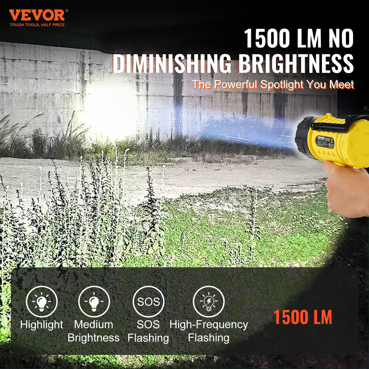 VEVOR Rechargeable Spotlight Flashlight, 1000,000 Lumens, IP67 Waterproof Handheld LED Spot Light, Super Bright Portable Searchlight with 4 Modes Detachable Lens USB Port, for Hunting Boating Camping - DGYWSJGDDDTKTCSKXV9 - view 3