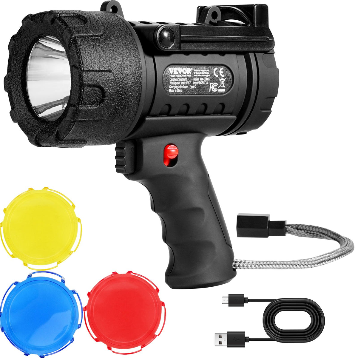 VEVOR Rechargeable Spotlight Flashlight, 200,000 Lumens, IP67 Waterproof Handheld LED Spot Light, Super Bright Portable Searchlight with 4 Modes Detachable Lens USB Port, for Hunting Boating Camping - DGYWSJGDXDTKA7G1TV9 - view 1
