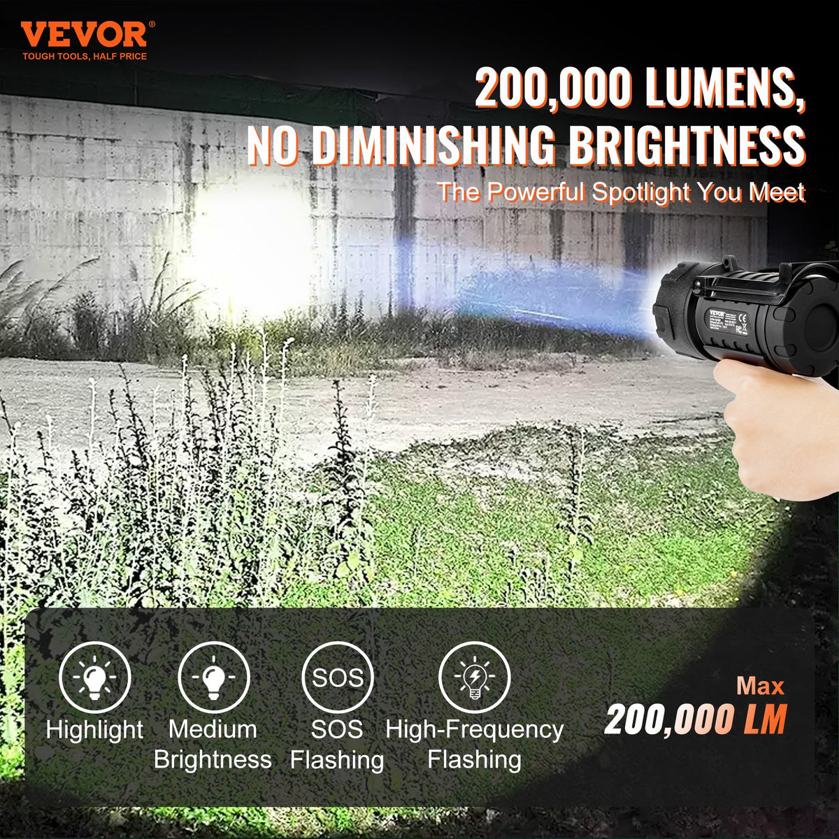 VEVOR Rechargeable Spotlight Flashlight, 200,000 Lumens, IP67 Waterproof Handheld LED Spot Light, Super Bright Portable Searchlight with 4 Modes Detachable Lens USB Port, for Hunting Boating Camping - DGYWSJGDXDTKA7G1TV9 - view 3
