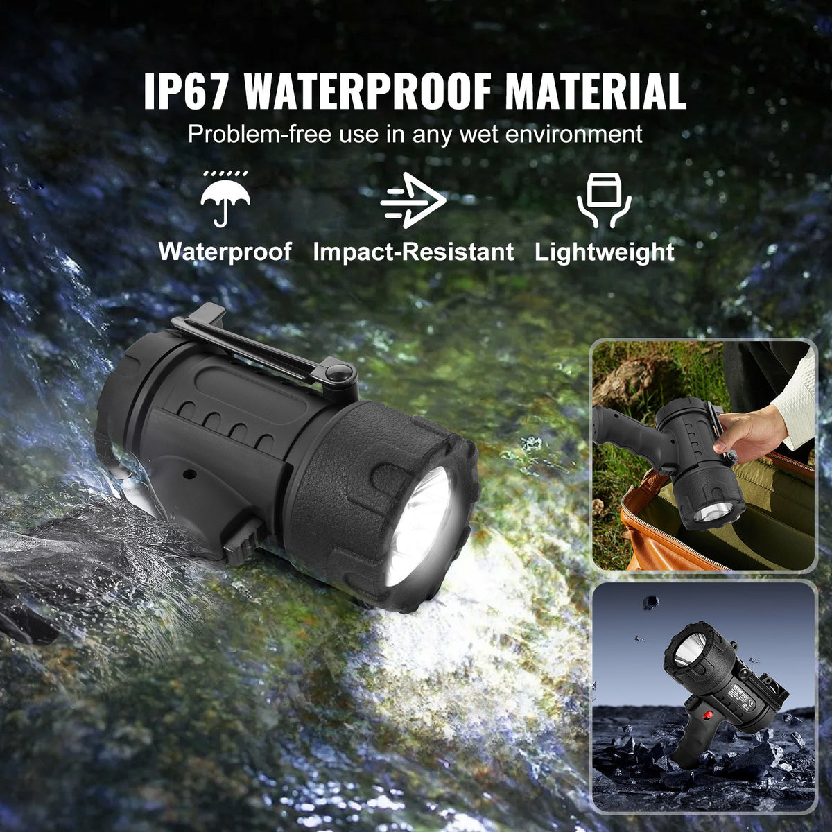 VEVOR Rechargeable Spotlight Flashlight, 200,000 Lumens, IP67 Waterproof Handheld LED Spot Light, Super Bright Portable Searchlight with 4 Modes Detachable Lens USB Port, for Hunting Boating Camping - DGYWSJGDXDTKA7G1TV9 - view 5