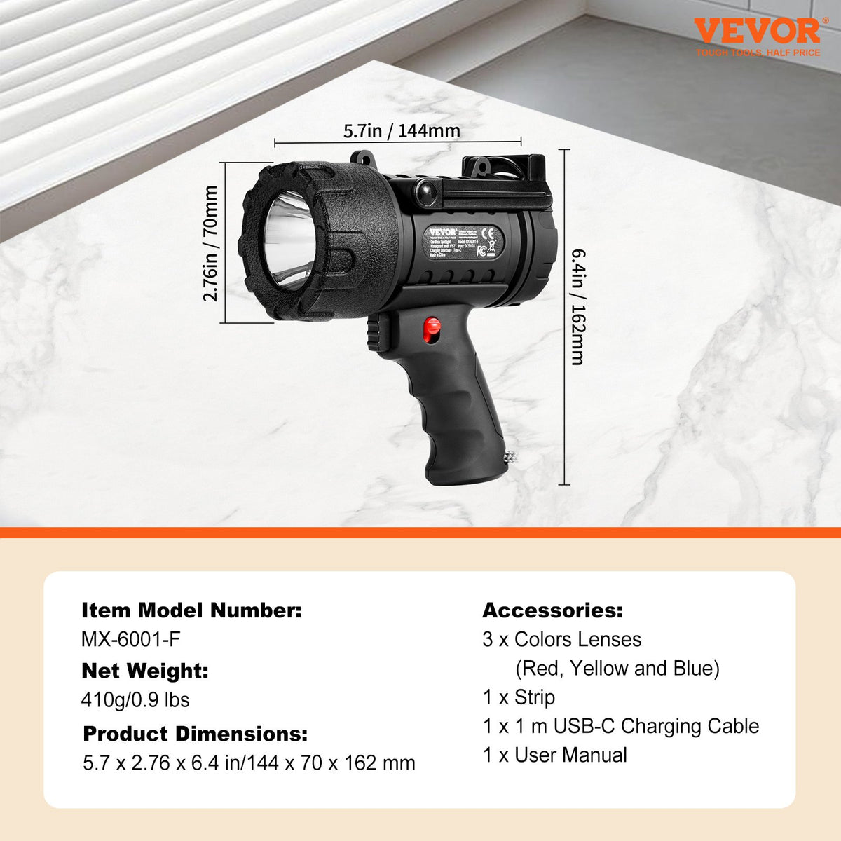 VEVOR Rechargeable Spotlight Flashlight, 200,000 Lumens, IP67 Waterproof Handheld LED Spot Light, Super Bright Portable Searchlight with 4 Modes Detachable Lens USB Port, for Hunting Boating Camping - DGYWSJGDXDTKA7G1TV9 - view 8