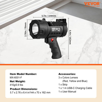 VEVOR Rechargeable Spotlight Flashlight, 200,000 Lumens, IP67 Waterproof Handheld LED Spot Light, Super Bright Portable Searchlight with 4 Modes Detachable Lens USB Port, for Hunting Boating Camping - DGYWSJGDXDTKA7G1TV9 - view 8