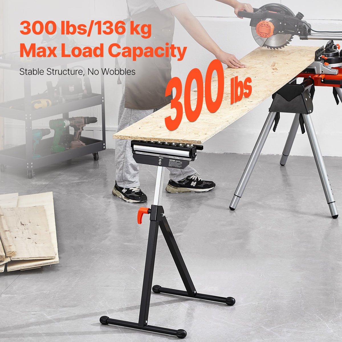 VEVOR Roller Stand, 300 lb Load Capacity, 26.8-42.5 in Adjustable Height, Folding Heavy Duty with 11.5 inch Polished Multi-directional Roller Head, for Table Saw Outfeed Woodworking Extension Support - DGZDZGTMGGJ3USJCIV0 - view 3