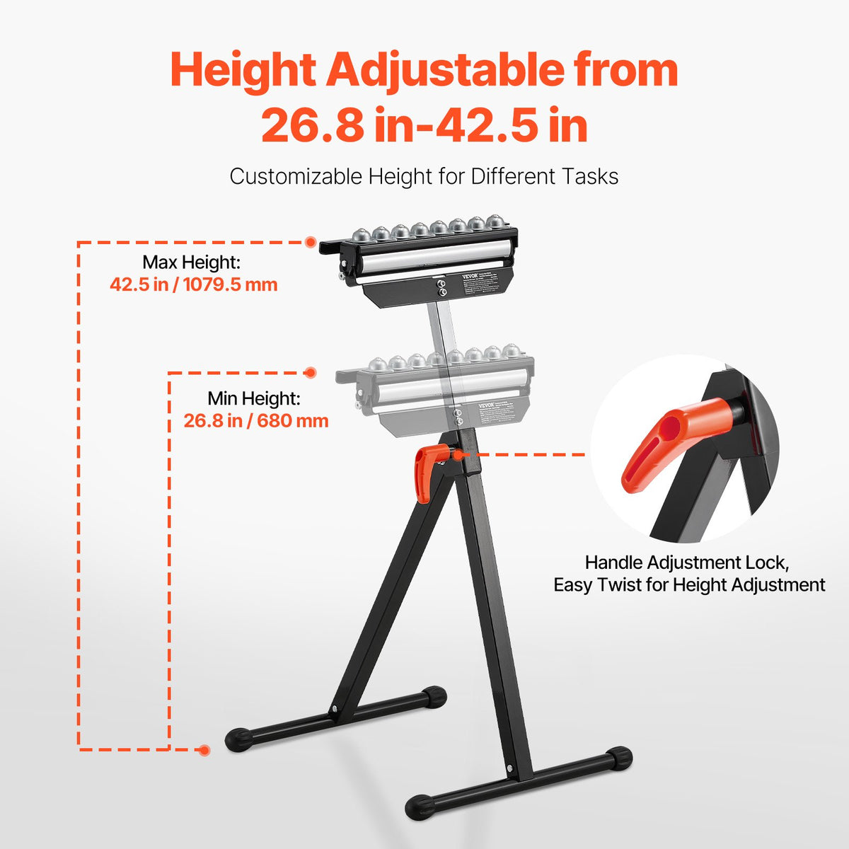 VEVOR Roller Stand, 300 lb Load Capacity, 26.8-42.5 in Adjustable Height, Folding Heavy Duty with 11.5 inch Polished Multi-directional Roller Head, for Table Saw Outfeed Woodworking Extension Support - DGZDZGTMGGJ3USJCIV0 - view 4