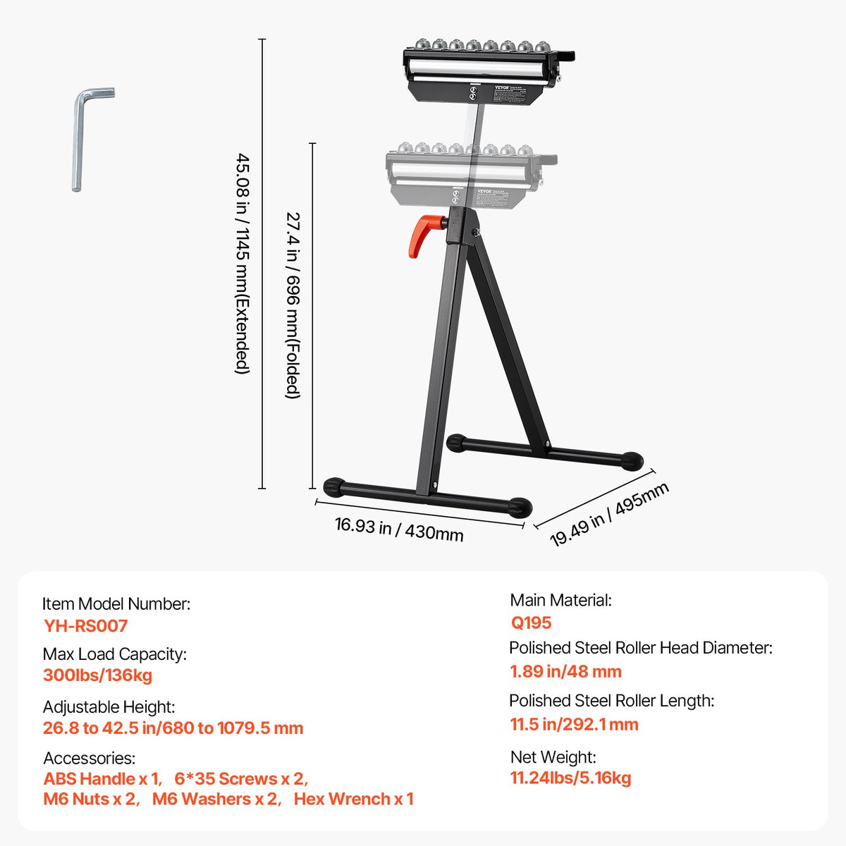VEVOR Roller Stand, 300 lb Load Capacity, 26.8-42.5 in Adjustable Height, Folding Heavy Duty with 11.5 inch Polished Multi-directional Roller Head, for Table Saw Outfeed Woodworking Extension Support - DGZDZGTMGGJ3USJCIV0 - view 8