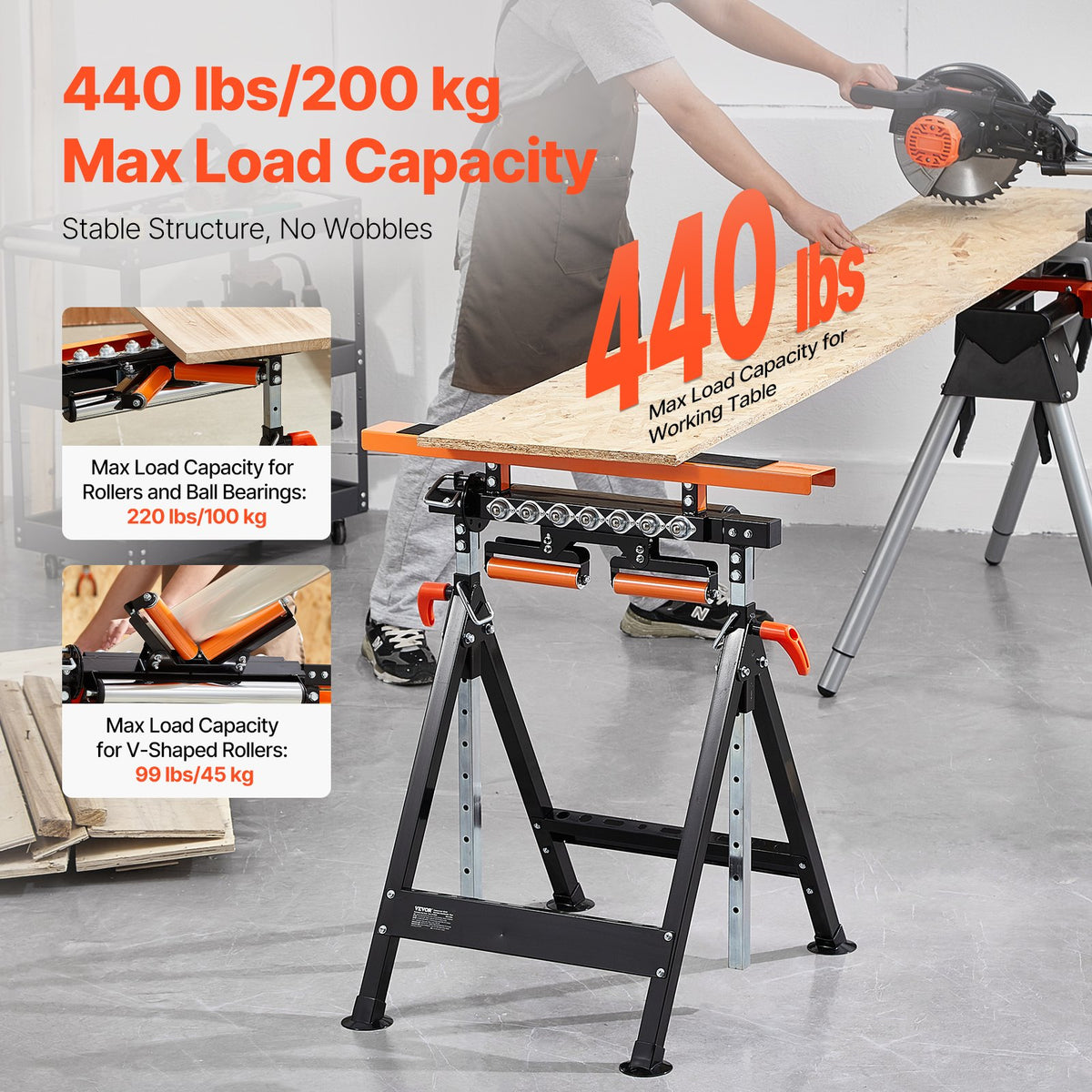 VEVOR 4-in-1 Roller Stand, 440 lb Load Capacity, 33-50 in Adjustable Height, Folding Heavy Duty with Rack & Polished Multi-directional Roller Head, for Table Saw Outfeed Woodworking Extension Support - DGZDZGTMGGJ4QQC0MV0 - view 3