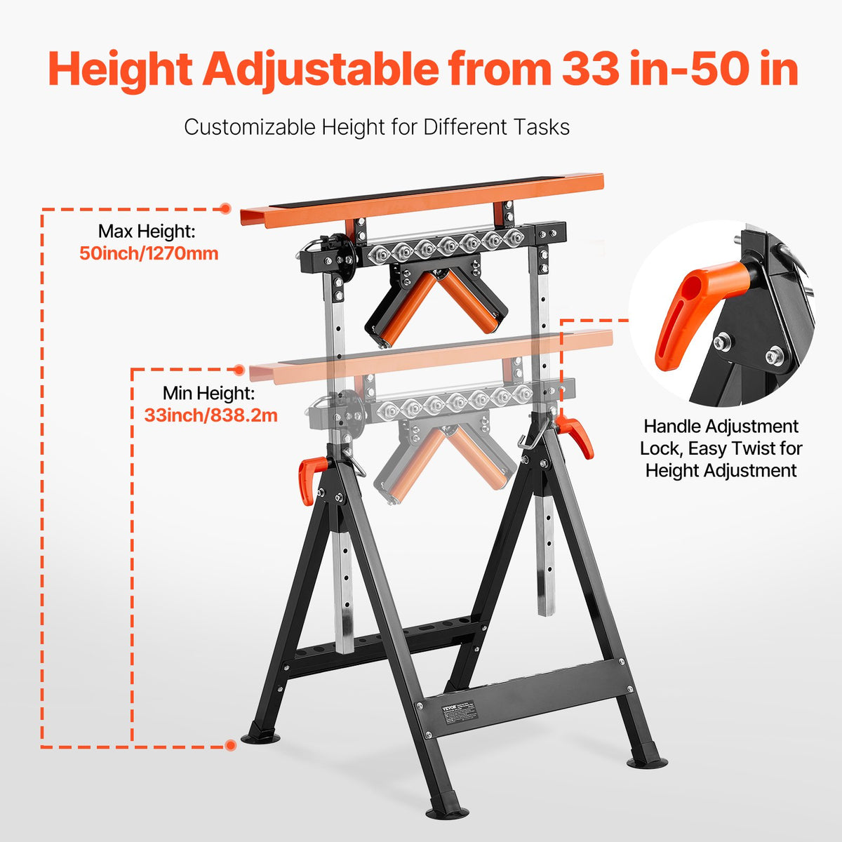 VEVOR 4-in-1 Roller Stand, 440 lb Load Capacity, 33-50 in Adjustable Height, Folding Heavy Duty with Rack & Polished Multi-directional Roller Head, for Table Saw Outfeed Woodworking Extension Support - DGZDZGTMGGJ4QQC0MV0 - view 4